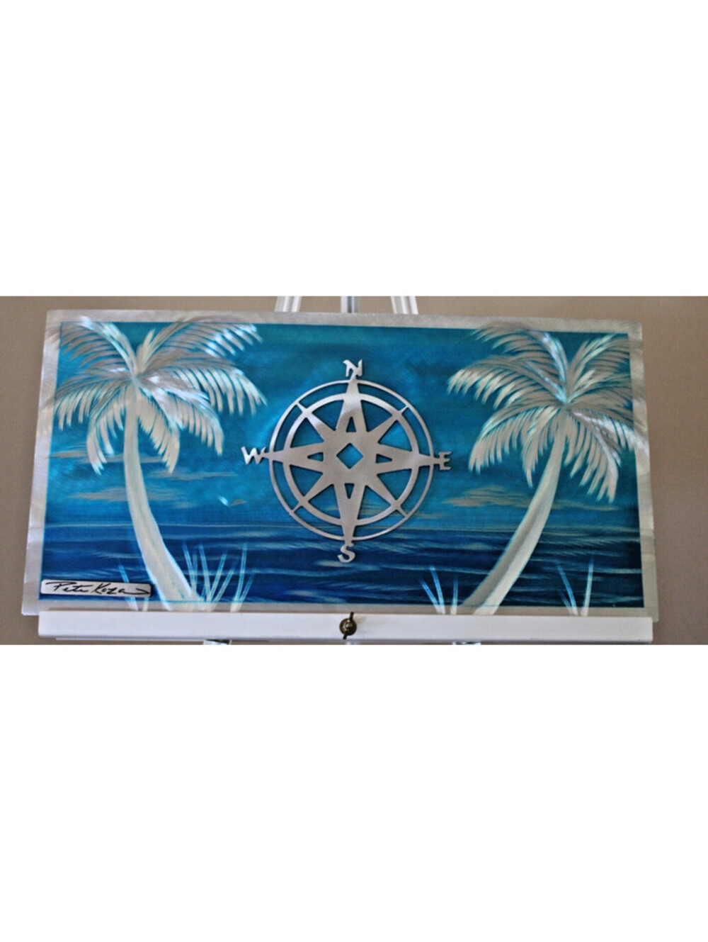 Silver Compass Oceal Palms Metal Wall Art by Pete Koza Signd x2 Dated 1/1 12x24"